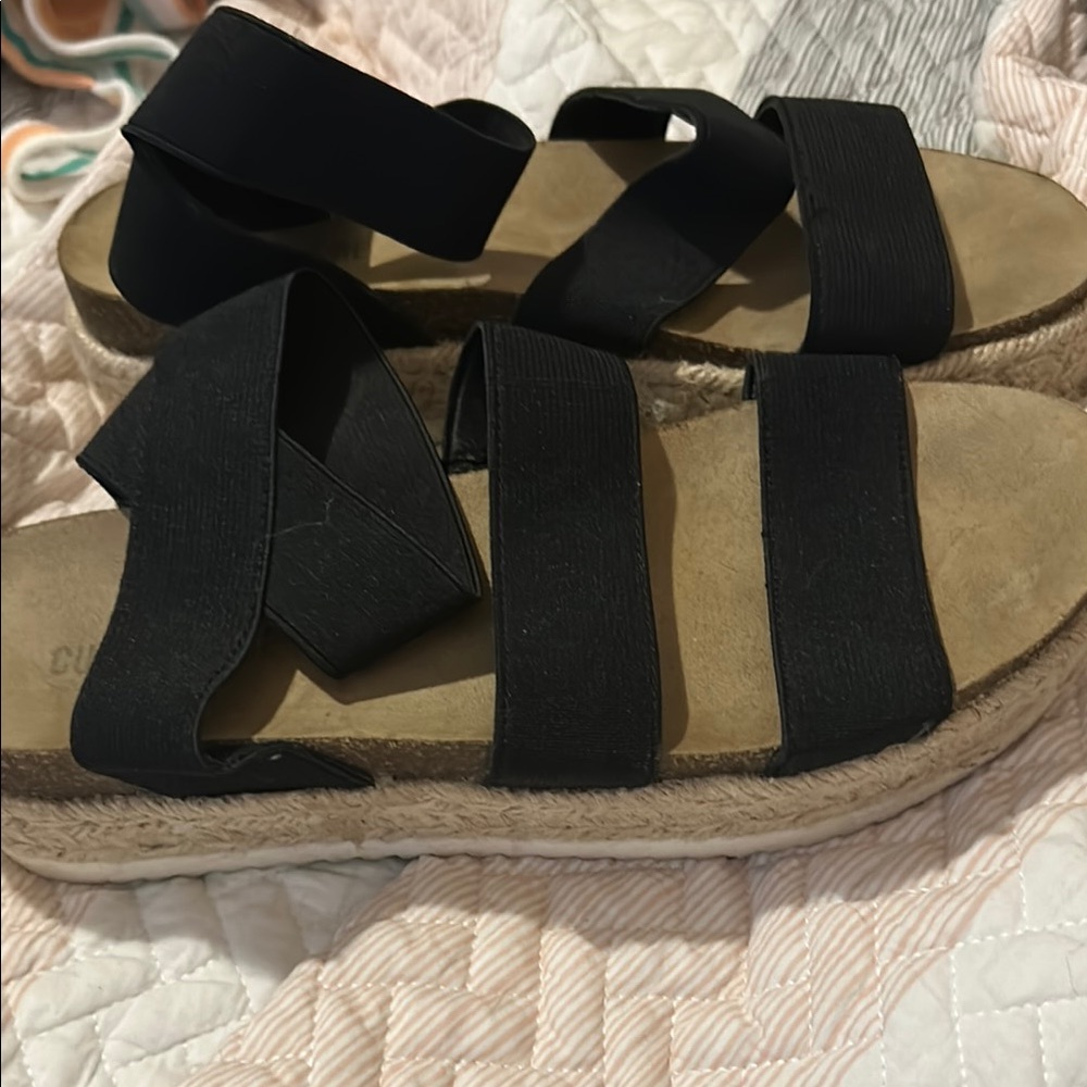 Black and Tan Espadrille Shoes with Elastic Straps